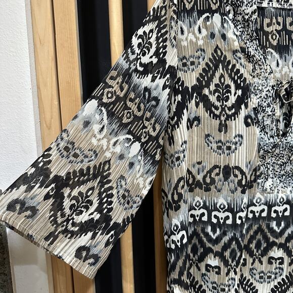 Raviya Tunic Dress Womens Large Black Beige Boho Ikat Print 3/4 Sleeve Sheer - Picture 4 of 9
